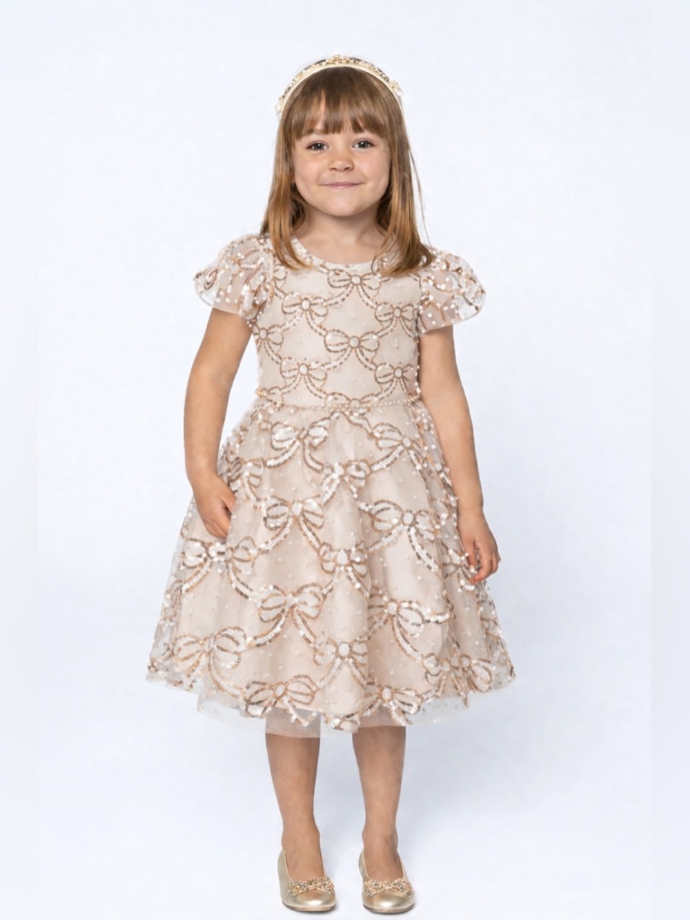 Rare Editions Girls Party Dress Sequin Bow Puff Illusion Sleeves 4T